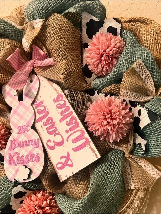 Spring EASTER Burlap Wreath w/ cow print ribbon & Pink Flowers. 12inch.