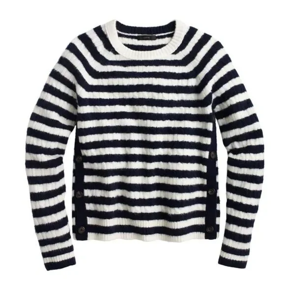 J.Crew Navy and White Stripe Sweater Womens Sz S Buttons-up on the Sides Coastal