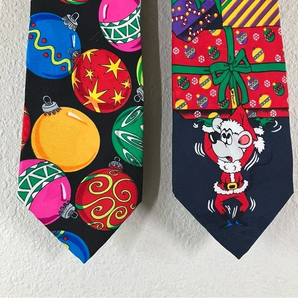 SILK Christmas Ties Bundle of 2 Colorful Holiday Festive Black Navy Office Party