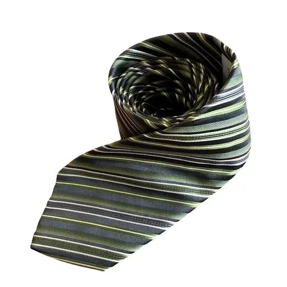 Geoffrey Beene | Men's Tie 100% Silk Green Grey White Striped