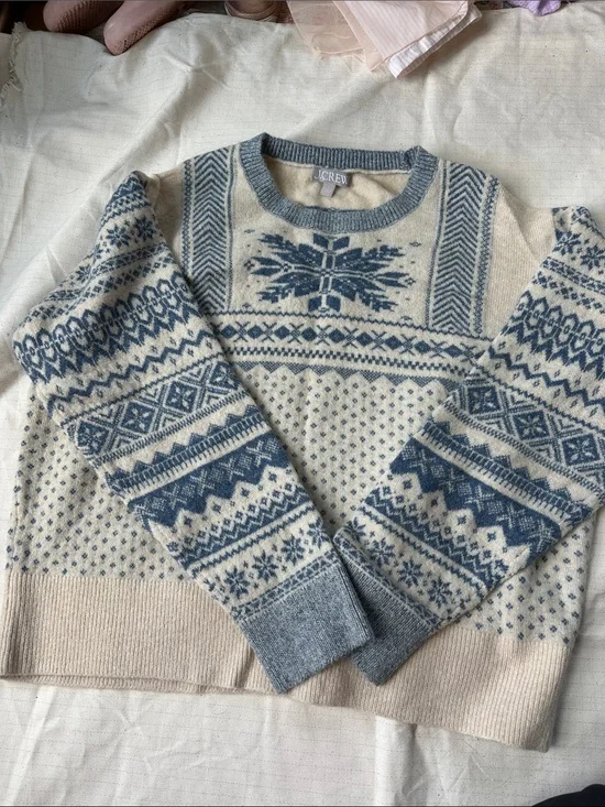 J. Crew Cream and Blue Fair Isle Crewneck Sweater
