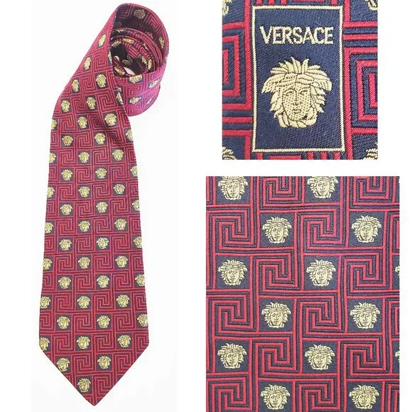 Gianni Versace Mens Woven Medusa Geometric Design Black Red Gold Neck Tie VTG