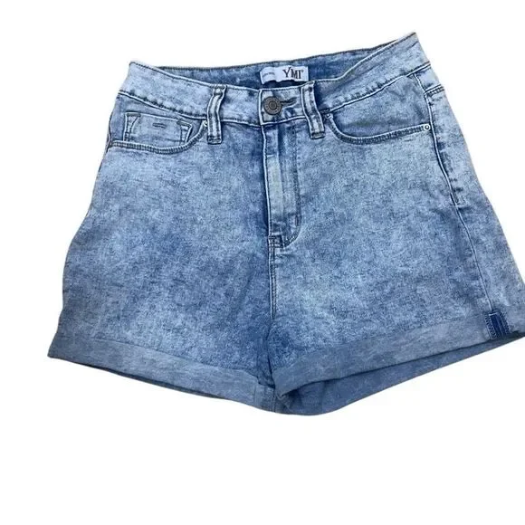 YMI Vtg Denim Shorts Women's Junior 7/28 Blue High Rise Acid Wash Rolled Cuffs