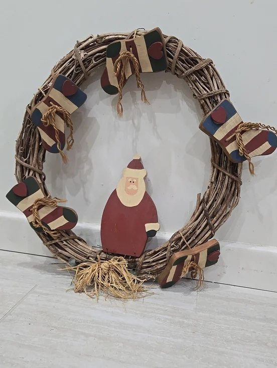 Vintage Primitive Wood + Stick Folk Art Style Christmas Santa Wreath