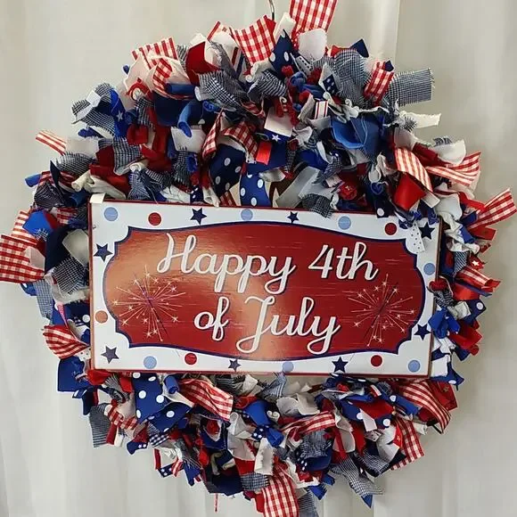Happy 4th of July Handcrafted Rag & Ribbon Wreath, 16