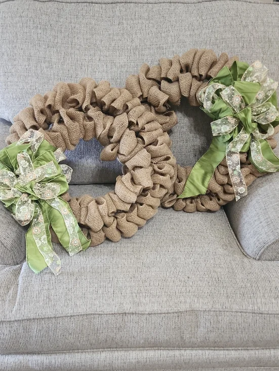 Handmade Burlap Holiday Wreath with Green Ribbon Bow