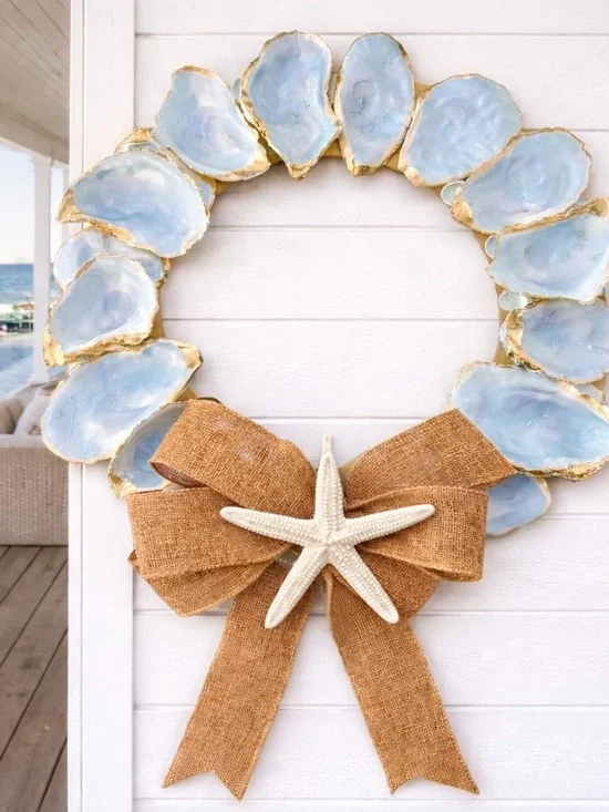 Coastal Blue Oyster Shell Holiday Wreath with Burlap Bow