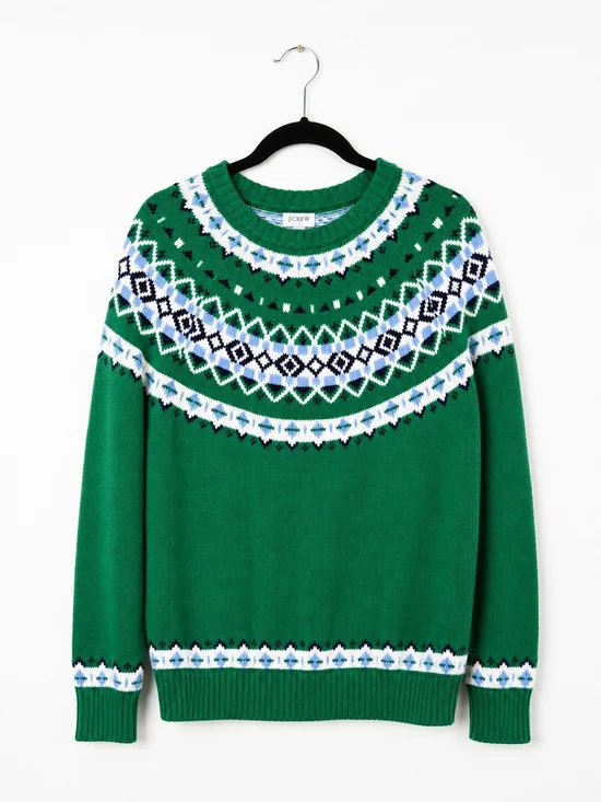 J.Crew Fair Isle Sweater Green Nordic Cotton Crewneck Knit Pullover Medium