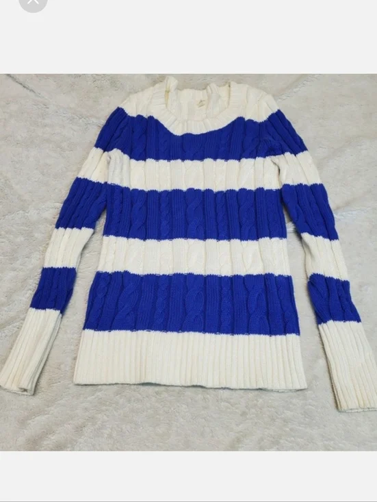 J. Crew White Blue Striped Cable Knit Sweater Small Preppy Chunky Cozy Cotton