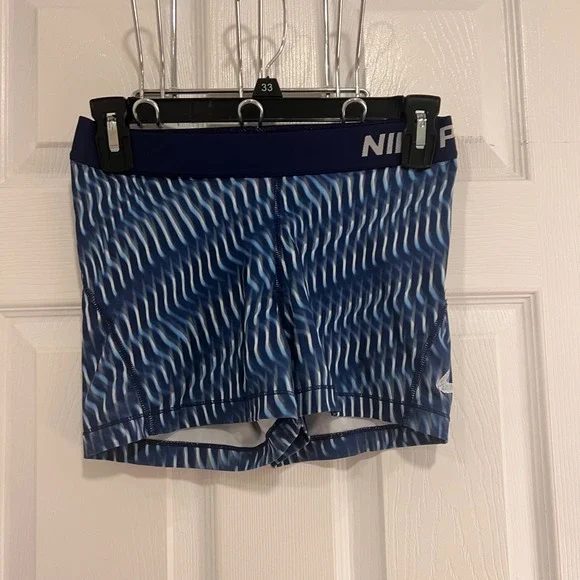 Nike Pro Dri-FIT Women Blue White Wave Print Compression Athletic Shorts Size S