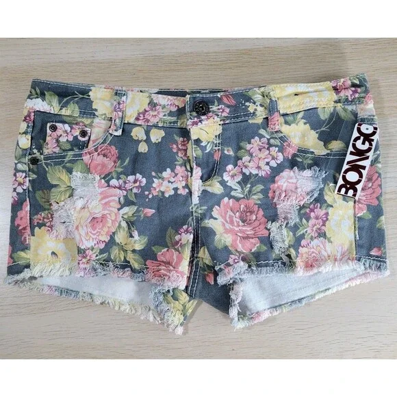BONGO Booty Shorts Floral Low Rise Mini Size 9 Distressed Cut Off Denim Y2K