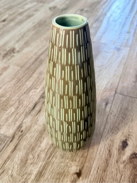 Crate&Barrel Olive Green Ceramic Vase with Textured Stripe Pattern