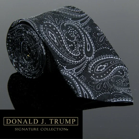Donald J Trump Signature Collection Mens Neck Tie Black Silver Gold Paisley 60