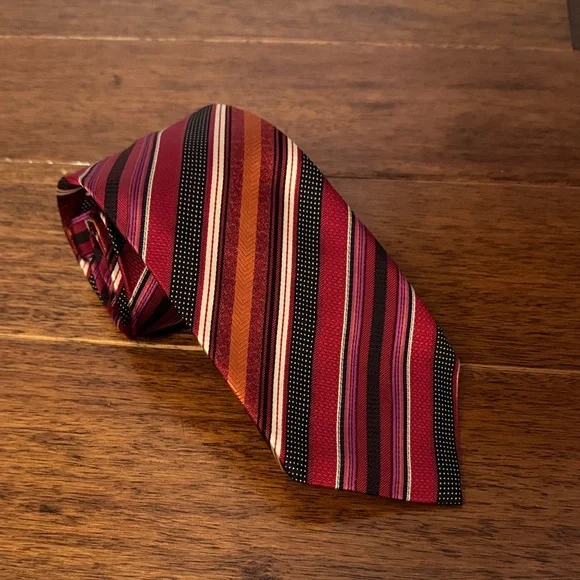 Men's Striped Red Silk Tie with Orange and Purple Accents