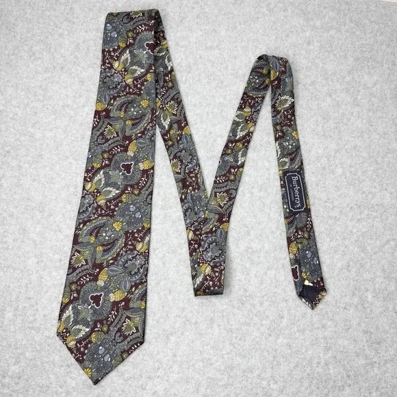 Vintage Burberrys USA Made Floral Burgundy Blue‎ Silk Neck Tie Formal Business
