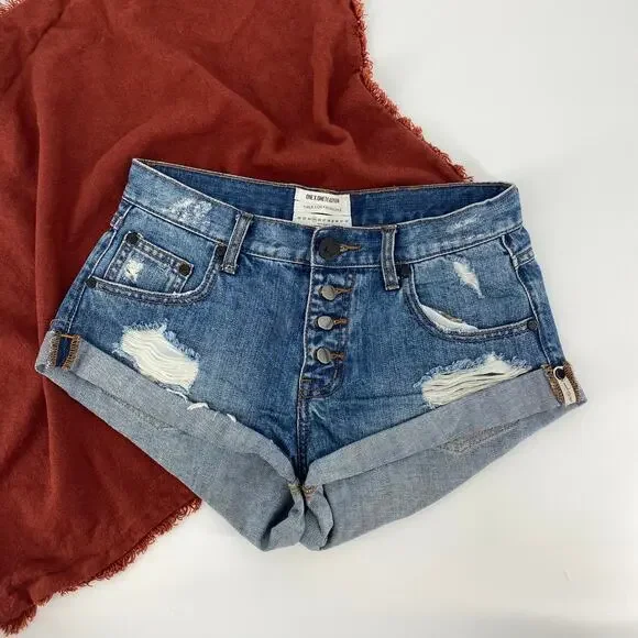 One Teaspoon Button Rolled Hem Distressed Shorts
