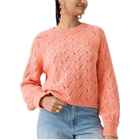 J. Crew Pointelle Crew Neck Wool Blend Long Sleeve Sweater LARGE