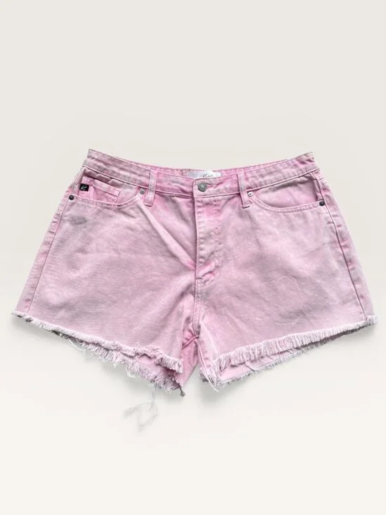 KanCan Acid Pink Mid-Rise Raw Edge Frayed Hem Shorts