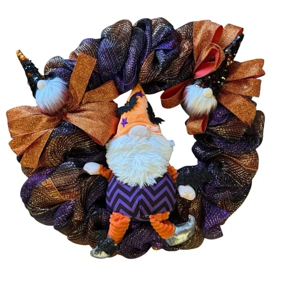 Halloween Mesh Wreath with Gnomes – Purple, Orange & Black Ribbon – 22″