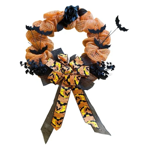 Halloween Orange & White Mesh Wreath with Black Flowers, Bats Ribbon Bow 20