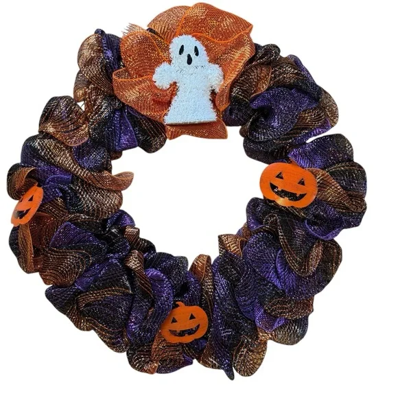 Vibrant Purple & Orange Halloween Deco Mesh Wreath with Ghost & Pumpkins – 25″