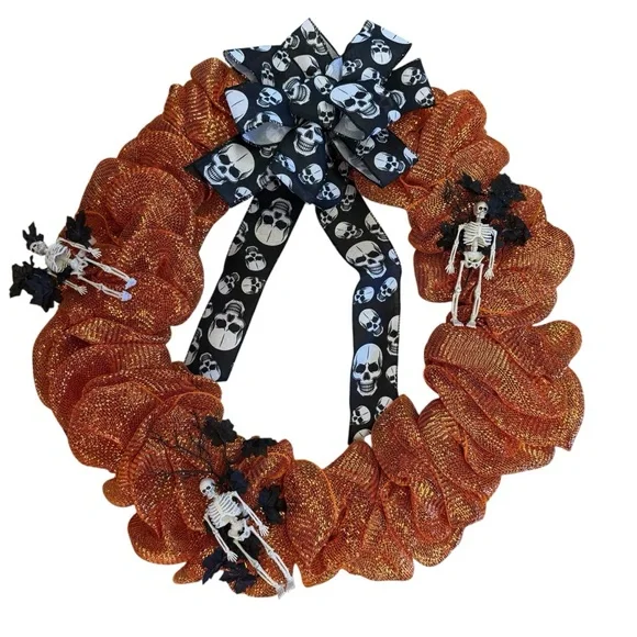Halloween Orange Deco Mesh Wreath with Skull Ribbon – 24″