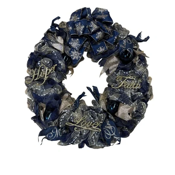 Handmade Navy & Gold Holiday Mesh Wreath Hope, Faith, Love Glitter Accents 23