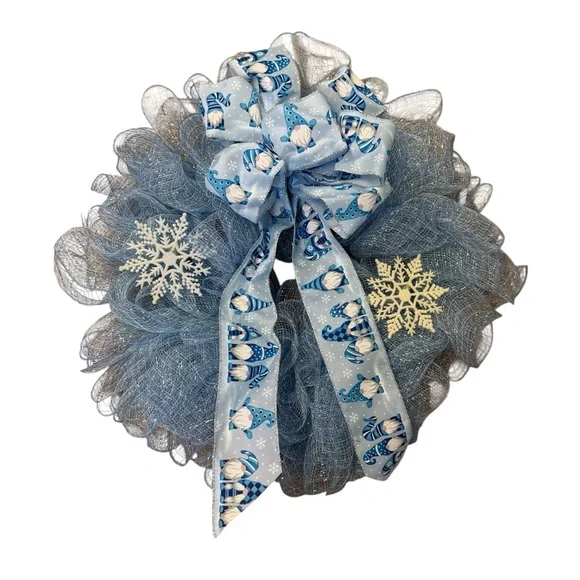Handmade Winter Gnome Deco Mesh Wreath Light Blue & White Snowflake Decor 19
