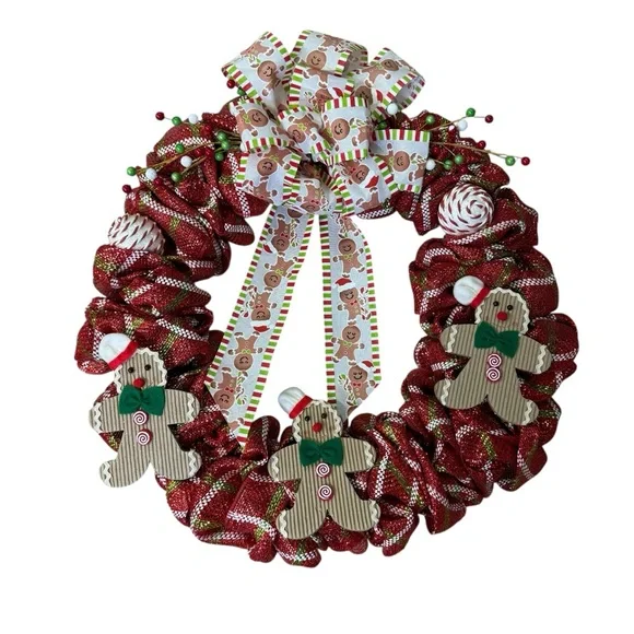 Handmade Gingerbread Man Deco Mesh Wreath Red & White Candy Cane Plaid 21