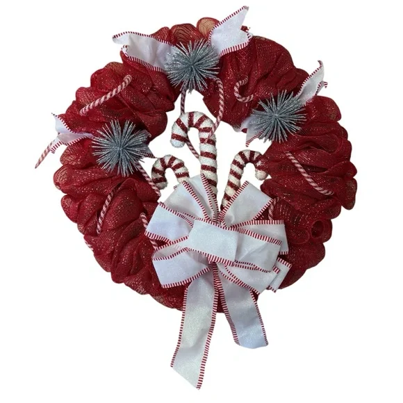 Handmade Candy Cane Deco Mesh Wreath Red, White & Silver Sparkle 21