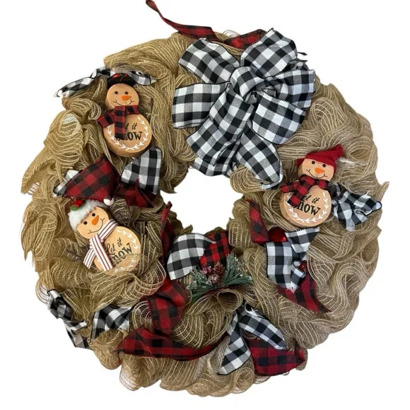 Handmade Rustic Snowman Deco Mesh Wreath Black & Red Buffalo Plaid 22