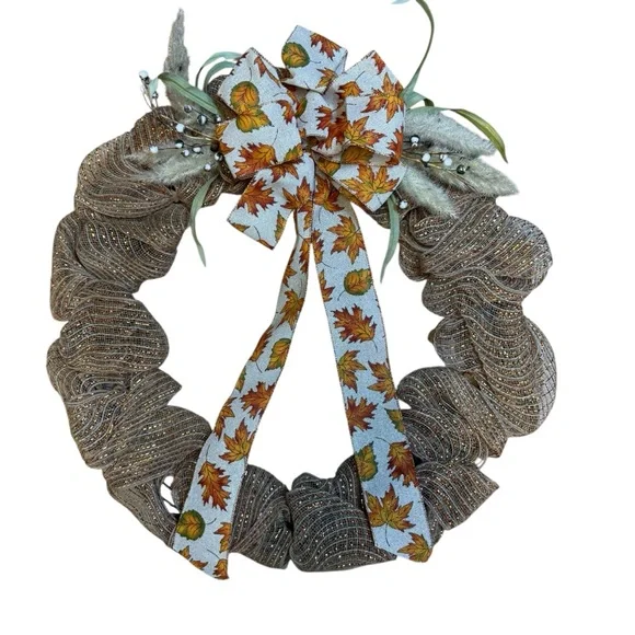 Handmade Rustic Fall Harvest Deco Mesh Wreath Faux Grass & Leaf Bow 22 inches