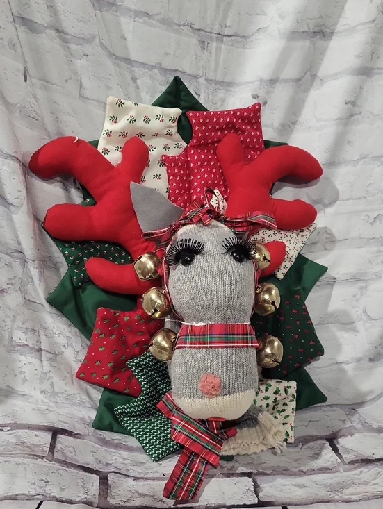 Handmade Holiday Reindeer Wreath - Red & Green