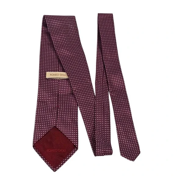 Romeo Gigli Mens Necktie Maroon Red Pink One Size Polka Dots Embroidered‎ Silk