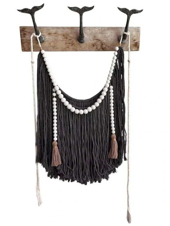 Boho Macrame Wall Hanging Gray Fringe Beaded Tapestry Wall Decor