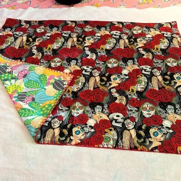 Tapestry Small Blanket Hand Embellished Sugar Skulls Cactus Hand Crocheted