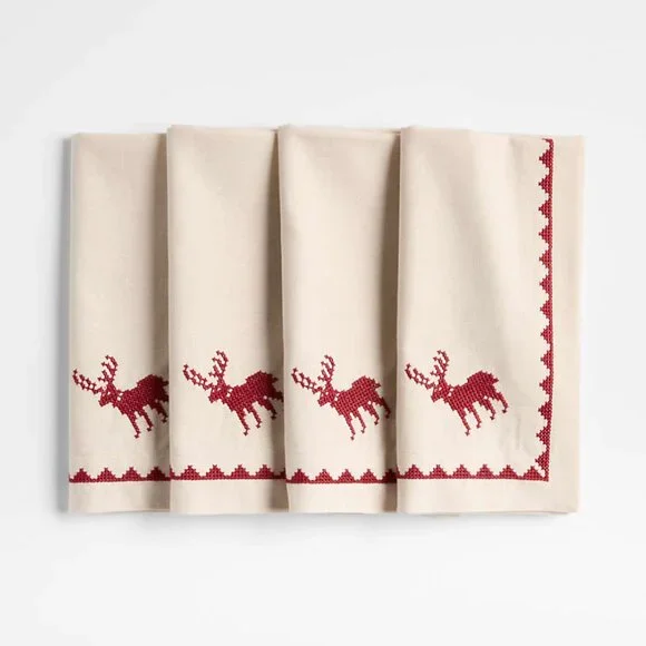 Crate & Barrel Red Cross Stitch Holiday Reindeer Dinner Napkins, Set of 4