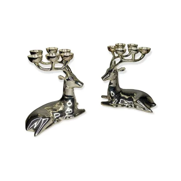 Crate & Barrel Christmas Silver Plated Seated Reindeer Candle Holder Pair