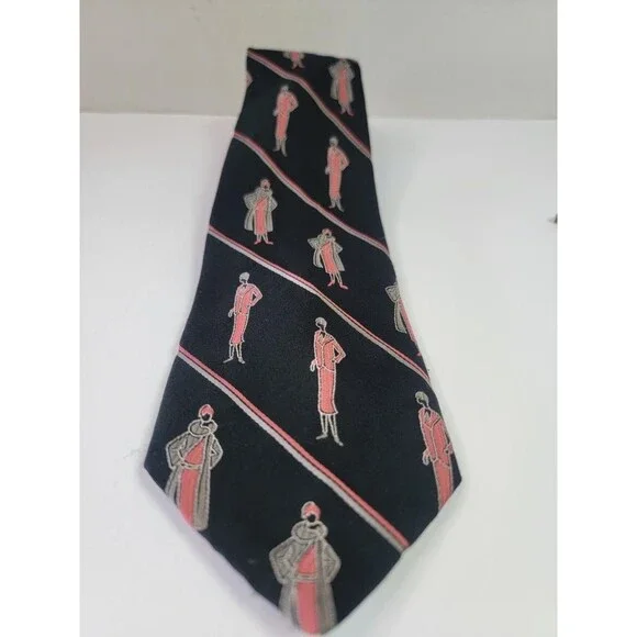 Vintage Grodins California Damon Mens Tie Black Art Deco Flapper Girls Polyester