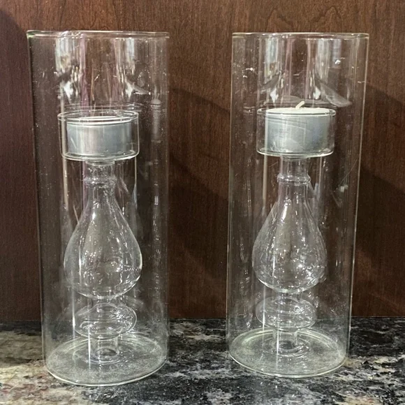 Crate&Barrel 2 Hand Blown Glass Cylinder Candle Tealight Holders Built Ins
