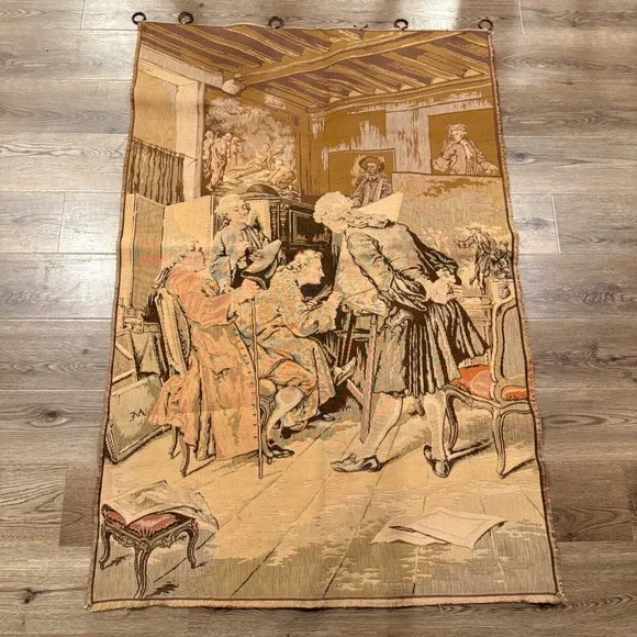 Vintage 18th Century Court‎ Scene Woven Wall Tapestry with Hanging Rings Brown
