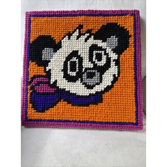 Vintage Handmade‎ 15X15 Needlepoint Panda With Scarf 1970s