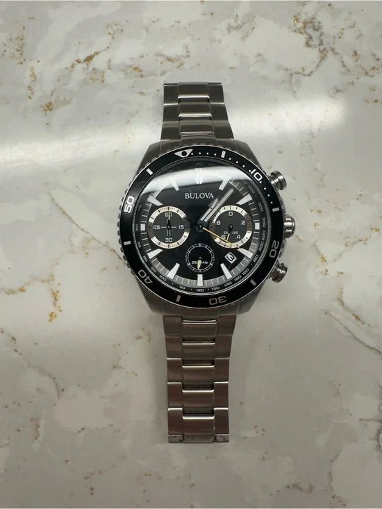 Bulova Silver Stainless Steel Watch with Black Dial