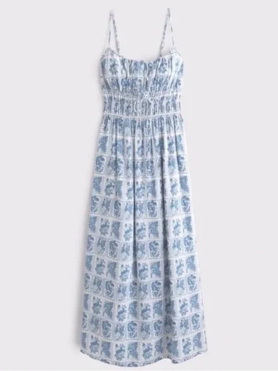 Abercrombie & Fitch White & Blue Mediterranean Stamp Patterned Cami Maxi Dress