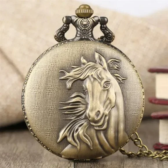 Horse Vintage Bronze Pocket Watch with Chain Necklace Unique