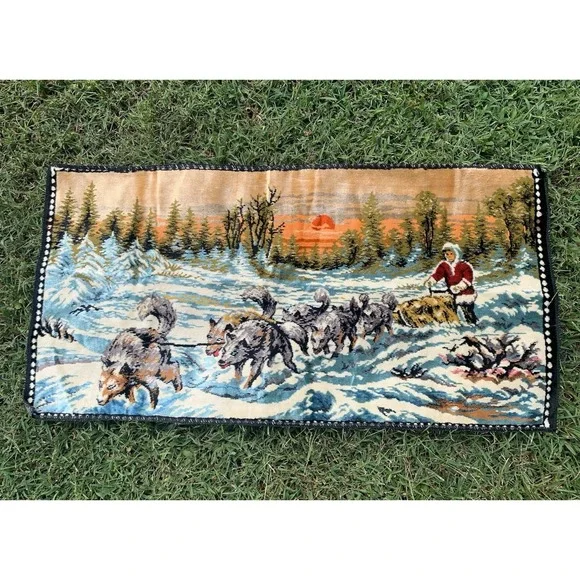 Vintage 60s Velvet Wall Tapestry Alaskan‎ Iditarod Dog Sledding Snowy Sunrise