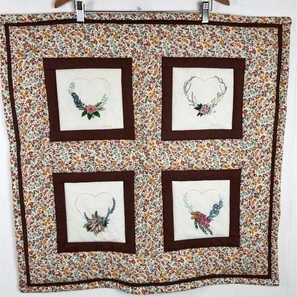 Vintage 70s Small Quilted & Embroidered Wall Hanging Hearts Brown‎ Floral