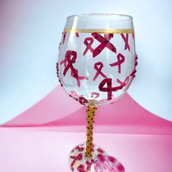 LOLITA - “Pink Ribbon* Hand-painted Gemstone Wine Glass l EUC