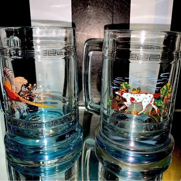 Vintage Pair of Hunting Vibe Clear Glass Beer Coffee Drink Mug With Handle