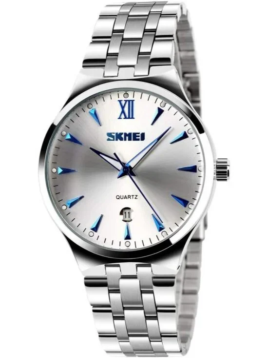 Men's Silver Blue Analog Stainless Steel Roman Numeral Waterproof Luxury Watch